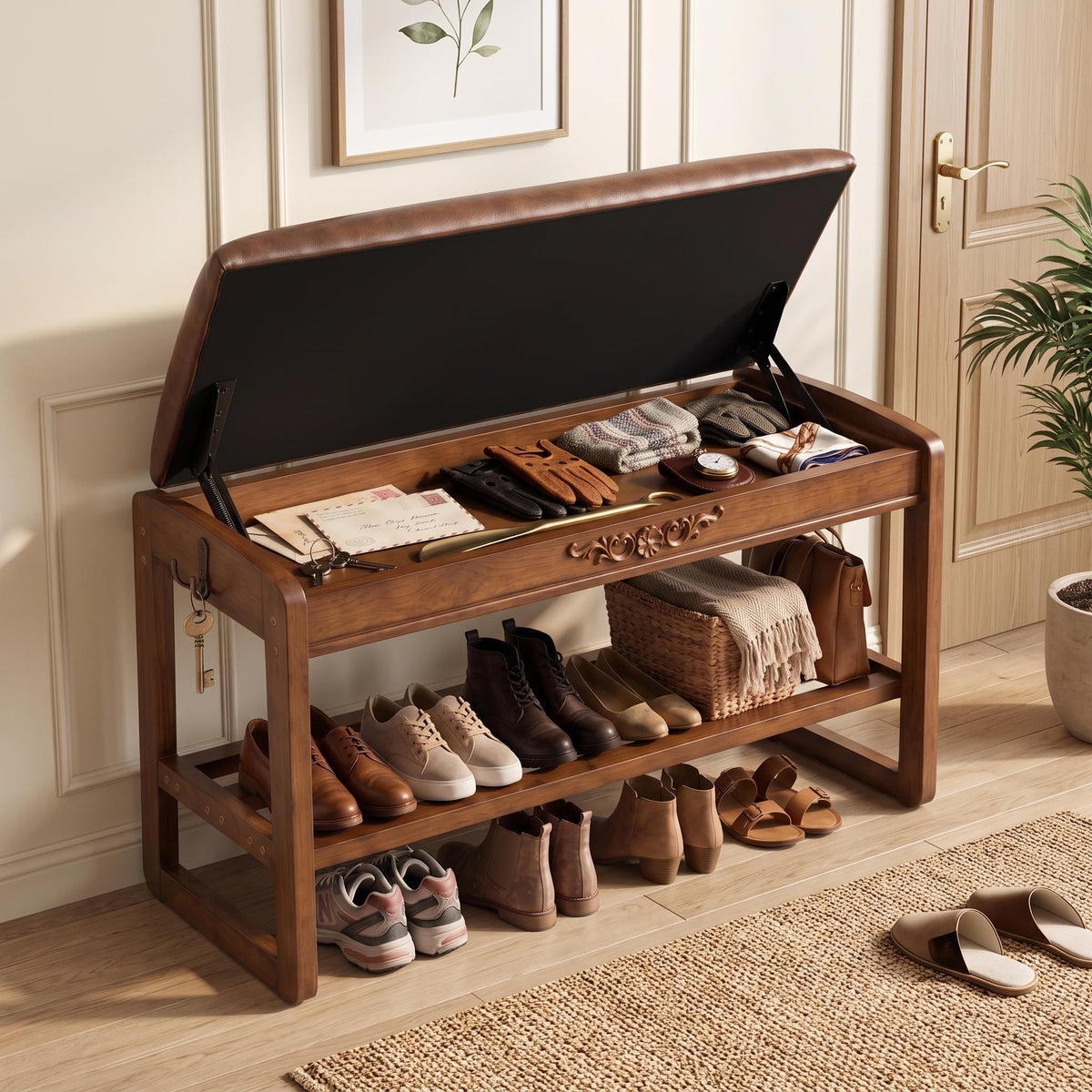 Shoe Rack Bench Solid Wood Entryway Shoe Storage Bench with Flip-Top 39.4''