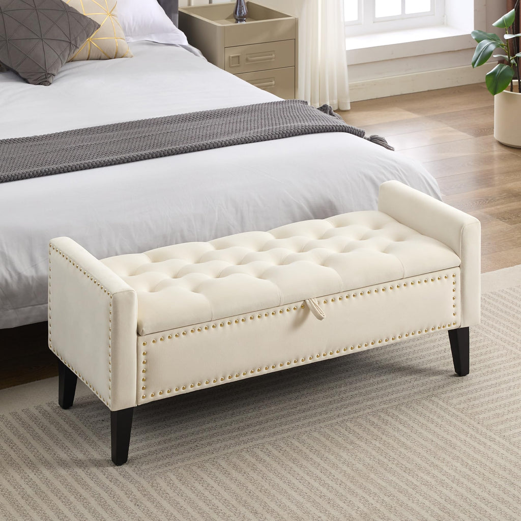 WUTUTUEE 47" Velvet Storage Bench, Upholstered Bed Bench with Storage, End of Bed Ottoman with Wooden Legs,Bedside Storage Bench for Bedroom, Living Room, or Entryway, Blue Grey