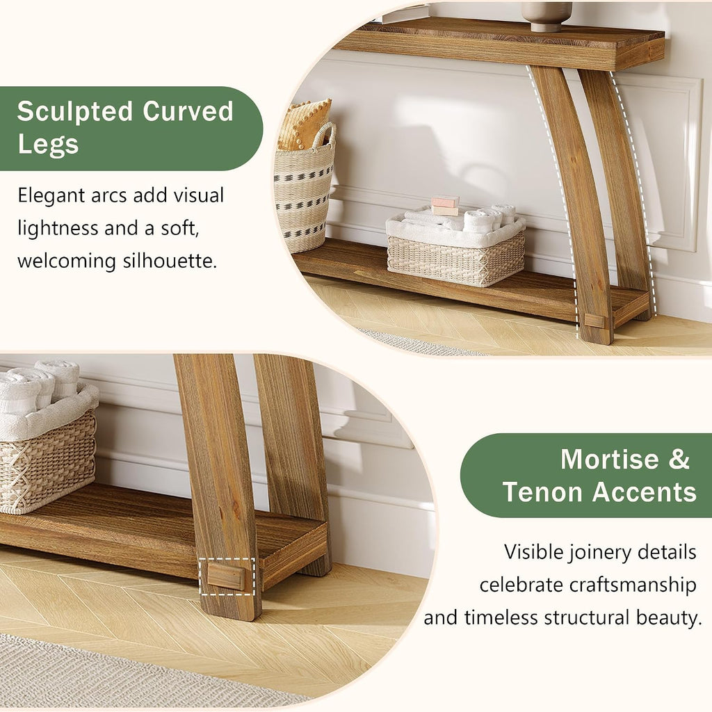 Solid Wood Console Table, 63" Sofa Table with Slightly Curved Legs