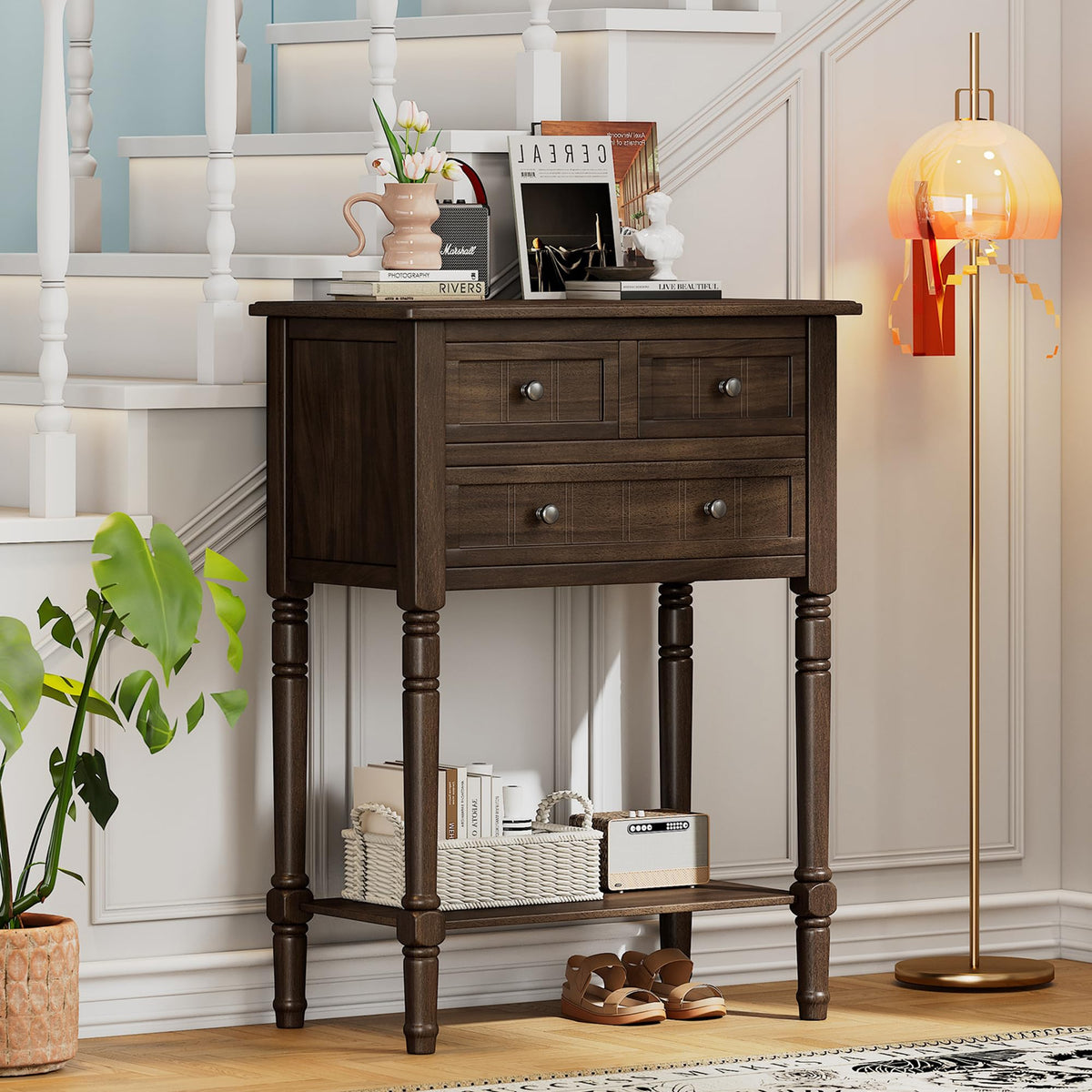 Knocbel Slim Antique Entry Console Table with 3 Drawers & Bottom Open Shelf, Solid Wood Narrow Sofa Couch Table for Entryway Hallway Living Room 23.7" W x 13" D x 31.4" H Natural