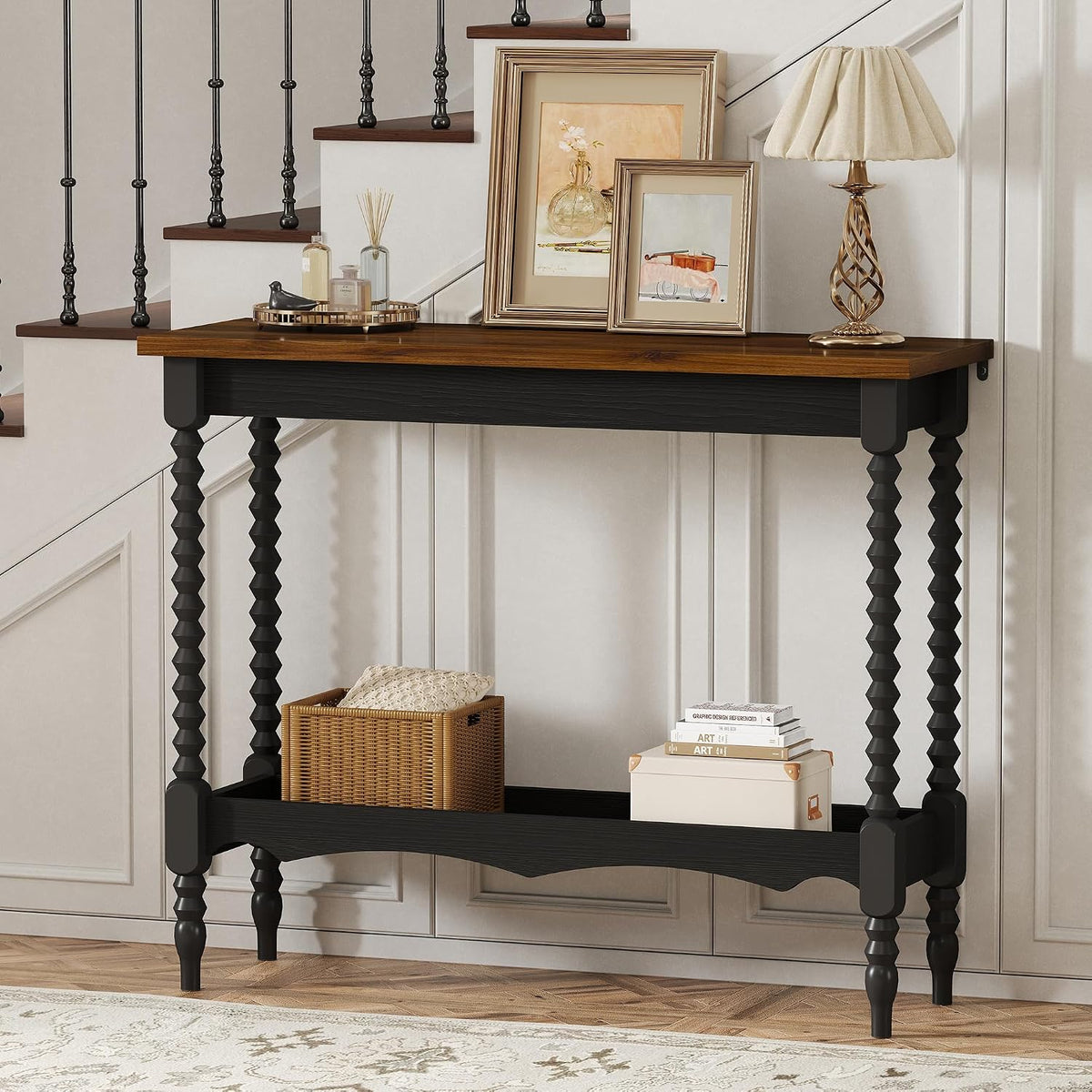 YOSHOOT 2-Tier Console Table, Entryway Table with 2 Shelves, Sofa Table for Living Room, Hallway,Black Brown