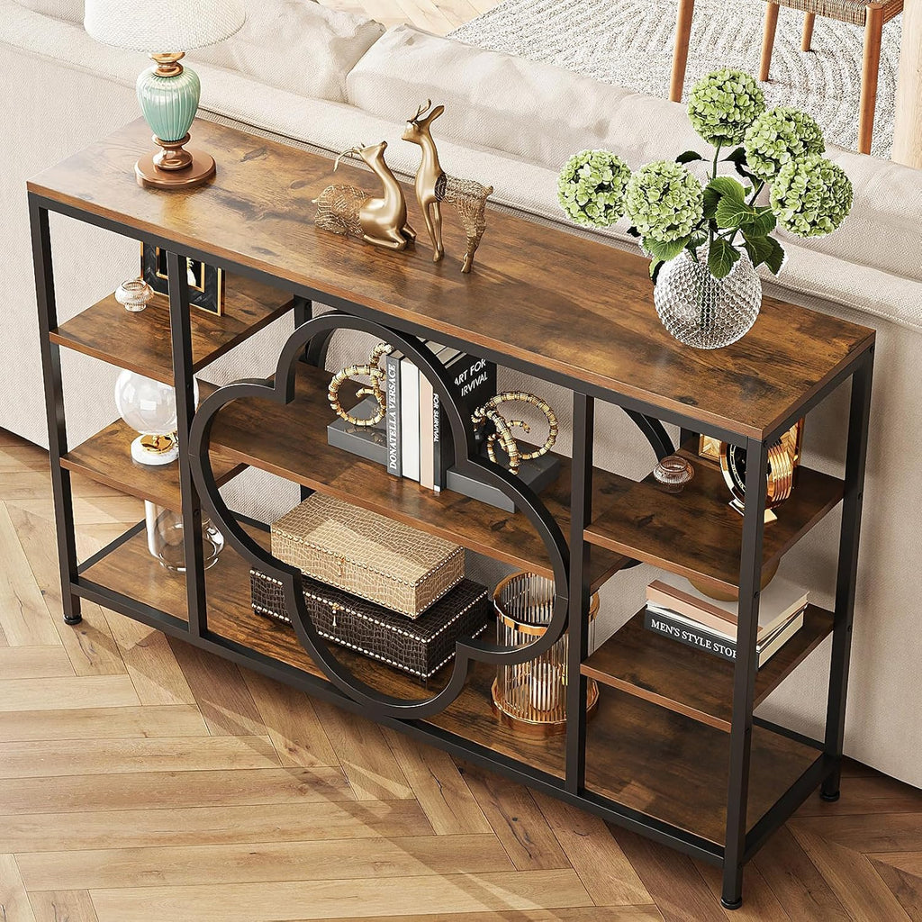 GiftGo 47" Farmhouse Console Tables for Entryway Retro Sofa Table Behind Couch Open Display Storage Shelves for Foyer, Hallway, Front Door,Living Room,Elegant Four-Leaf Clover (Rustic Brown, 47")