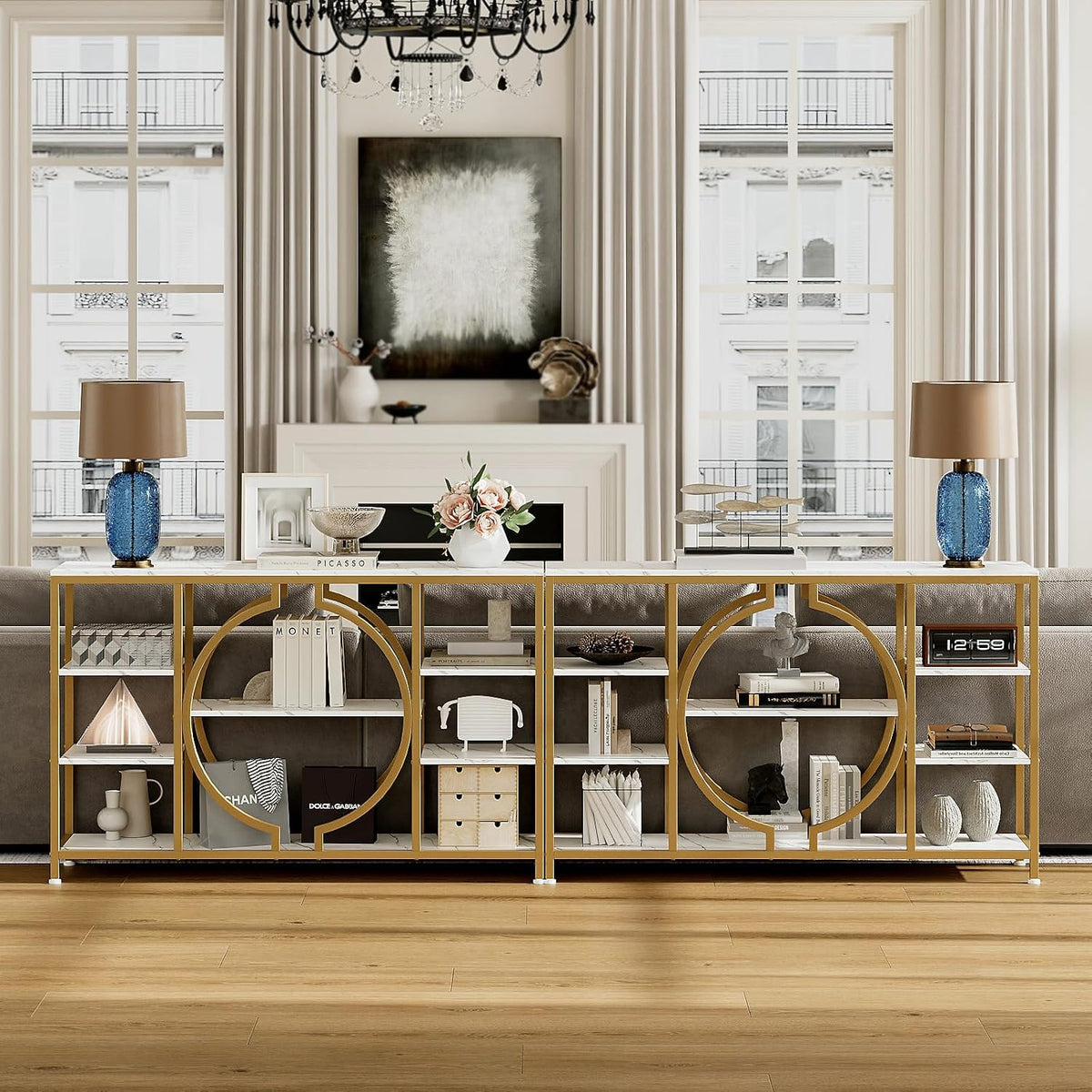 GiftGo 47" Industrial Console Tables for Entryway Rustic Sofa Table Behind Couch 4 Tier Wooden Shelves Entry Table with Storage for Foyer, Hallway, Front Door,Living Room (White Gold, 47")