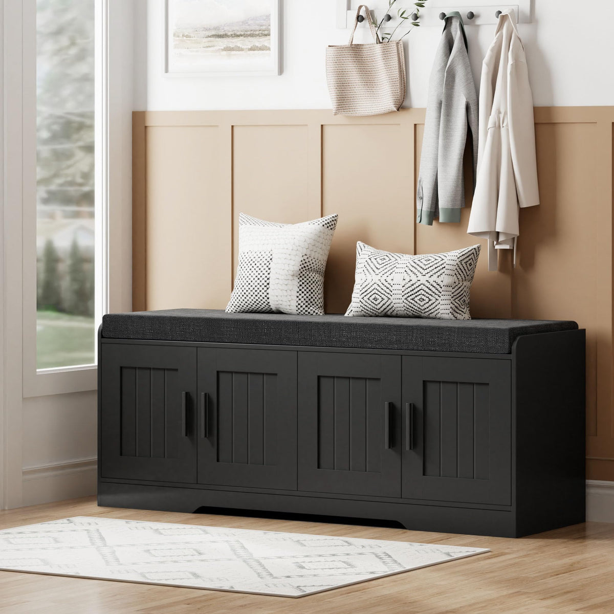 Homleke Shoe Storage Bench, 2 Doors & Thickened Padded Seat Cushion