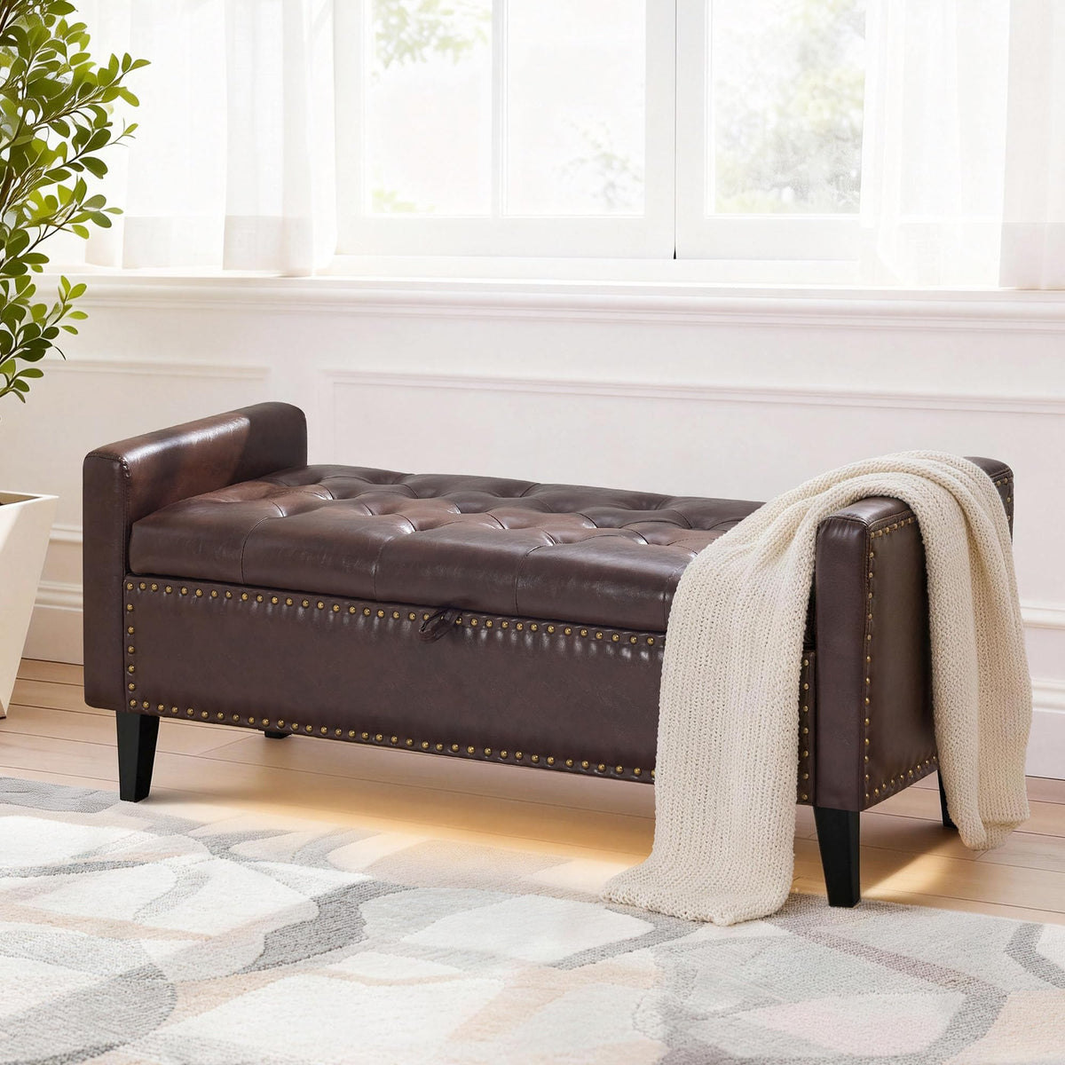 47in Velvet Storage Ottoman Bench with Arms, Upholstered Storage Bench with Wooden Legs, Storage Bench for Bedroom, Living Room, Entryway, Blue Grey