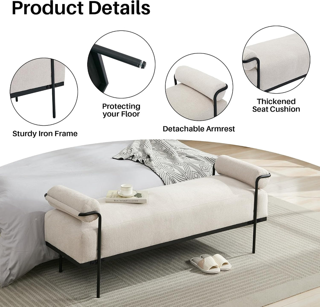 SOFTHION 61.2" End of Bed Bench, Chenille Upholstered Entryway Bench, Beige
