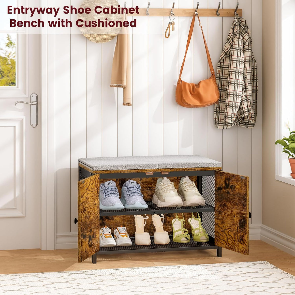 ThreeHio Shoe Storage Bench with Cushion & Doors, Small Entryway Bench with 2-Tier Shoe Organizer Cabinet, Farmhouse Storage Bench for Entryway, Closet, Living Room, Under Bed, Bedroom, Rustic Brown