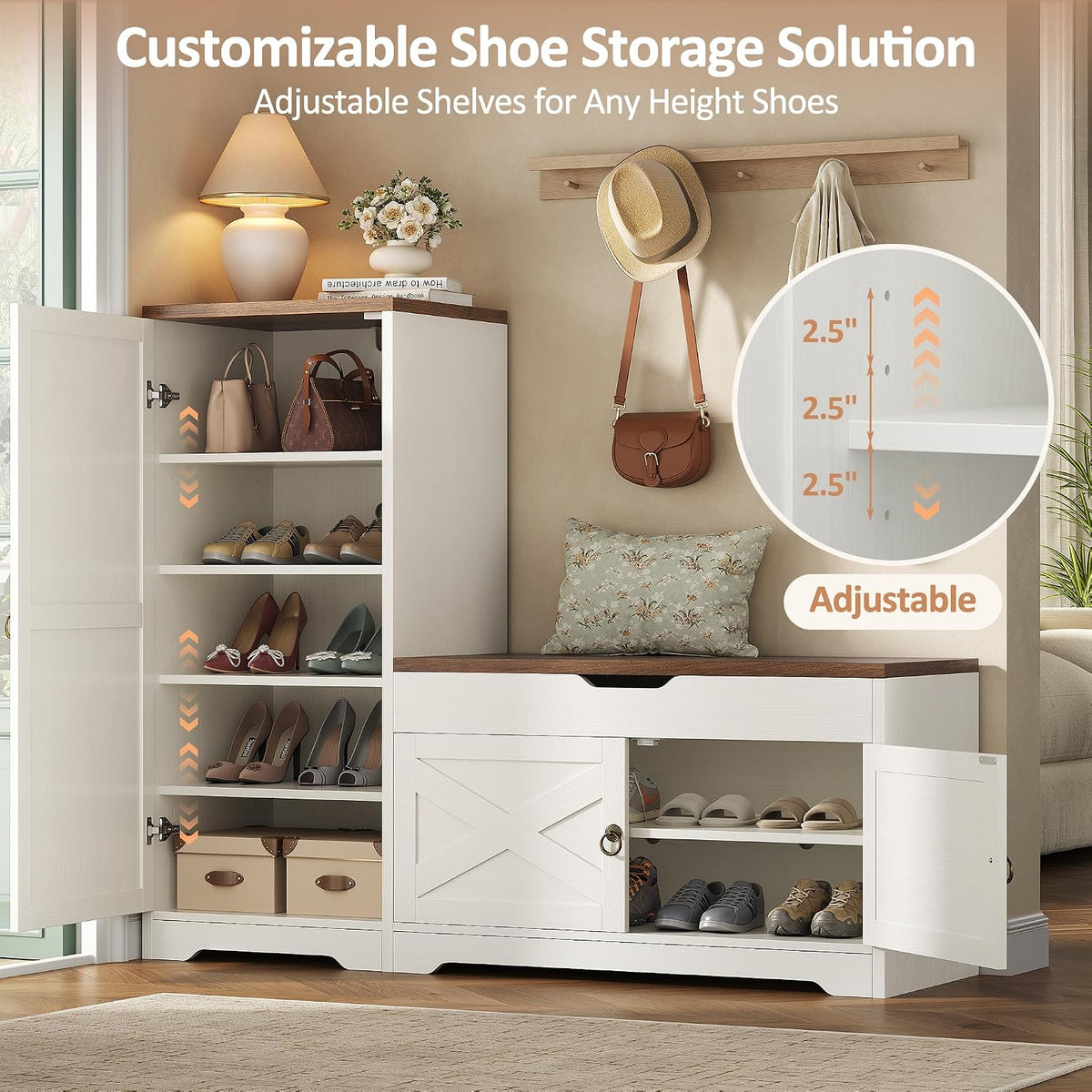 47'' Shoe Cabinet with Bench Seat, 7-Tier Shoe Storage Bench for Entryway with Adjustable Shelves, 0.7'' Top Panel and Hidden Lift Top Storage for Hallway Entrance, White