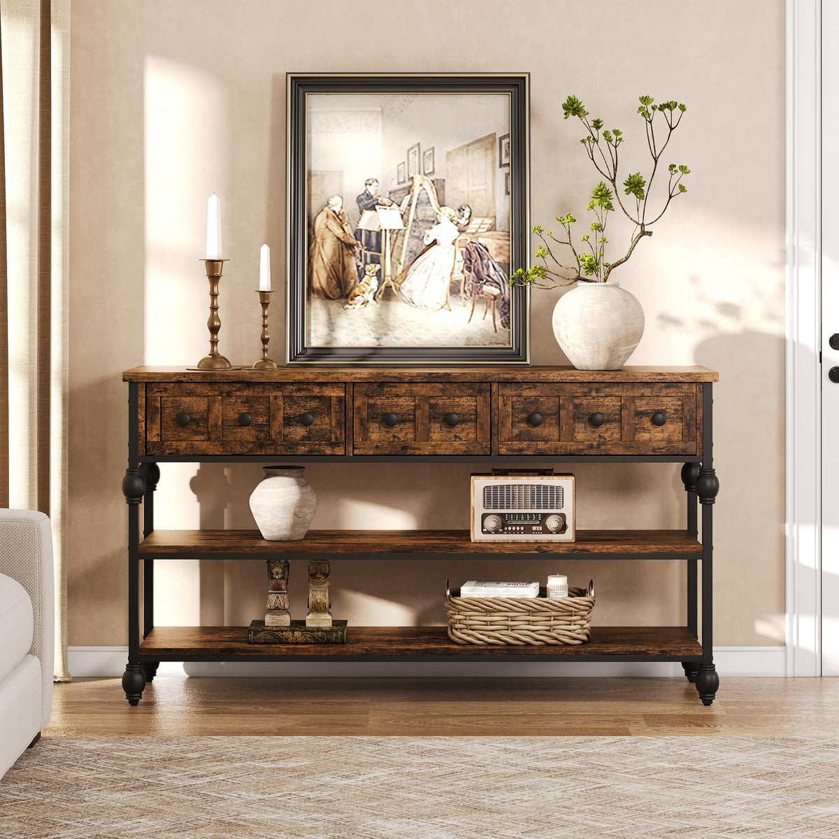 Garvee Console Sofa Table 53 in, Entryway Table with 3 Drawers, 3 Tier Metal Sofa Table, Open Shelf Behind Couch Table for Hallway, Living Room, Roman Column Design, Rustic Brown