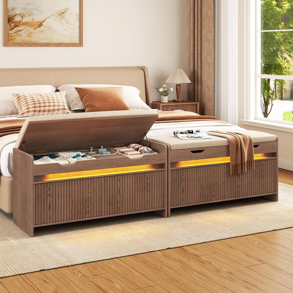 HOMEFORT Shoe Storage Bench, Modern Entryway Bench with Fluted Doors & Built-in LED Sensor Light, Wooden Shoe Bench with Cushion for Hallway and Bedroom, Walnut