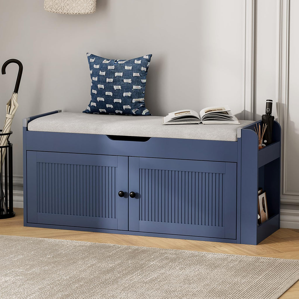 47.2" Storage Bench - Entryway Shoe Bench with Side Storage Shelves and 4 Doors, Multifunctional Entryway Bench with Lift Top Cushion, Shoe Storage Bench for Bedroom, Living Room, White