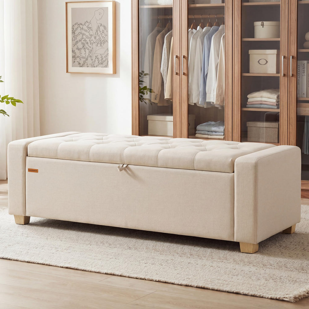 SONGMICS Storage Ottoman, 48 Inches Long Bed End Stool, Solid Wood Legs