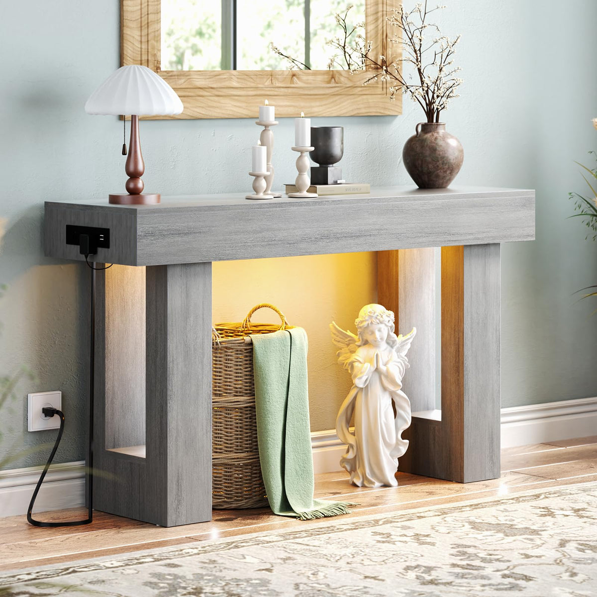 Unikito 47" Entryway Table with Sensor Light and Outlets, Pure White
