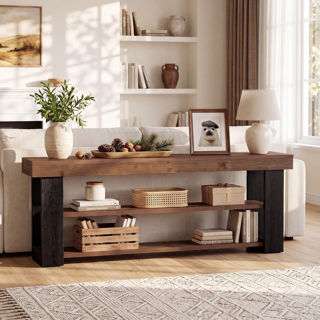 63" Solid Wood Console Table with 3-Tier Storage Shelves