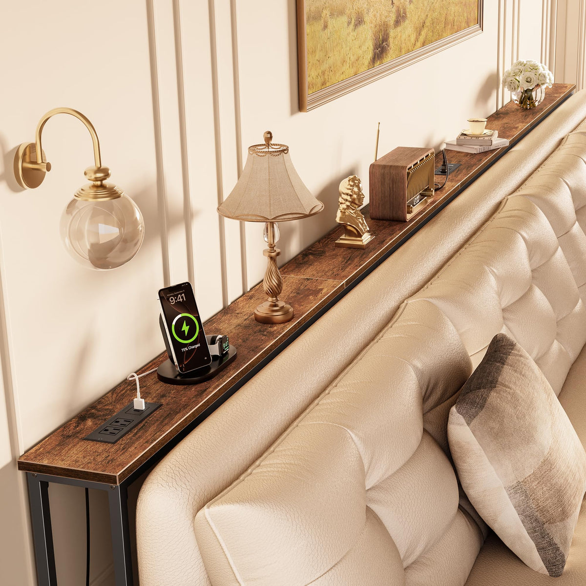 Huuger 118 Inch Sofa Table with Power Outlets, Skinny Behind Couch Table