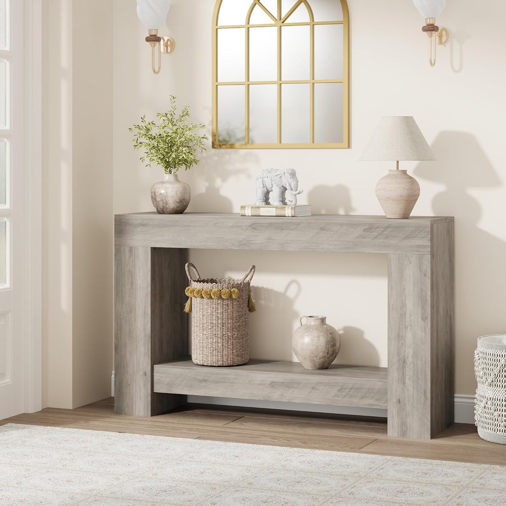 GarveeHome 47" Farmhouse 2-Tier Console Table for Entryway, Grey