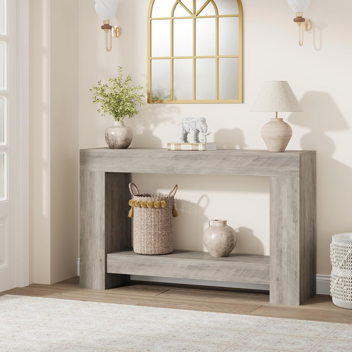 GarveeHome 47" Farmhouse 2-Tier Console Table for Entryway, Grey