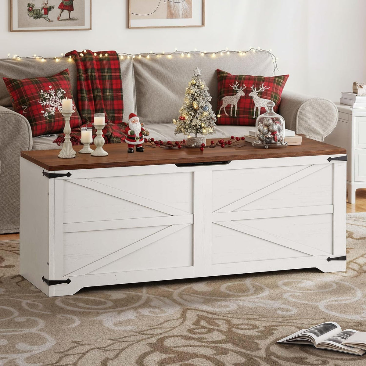 DWVO 47.2" Storage Bench, 2 Safety Hinges, Living Room, White and Walnut