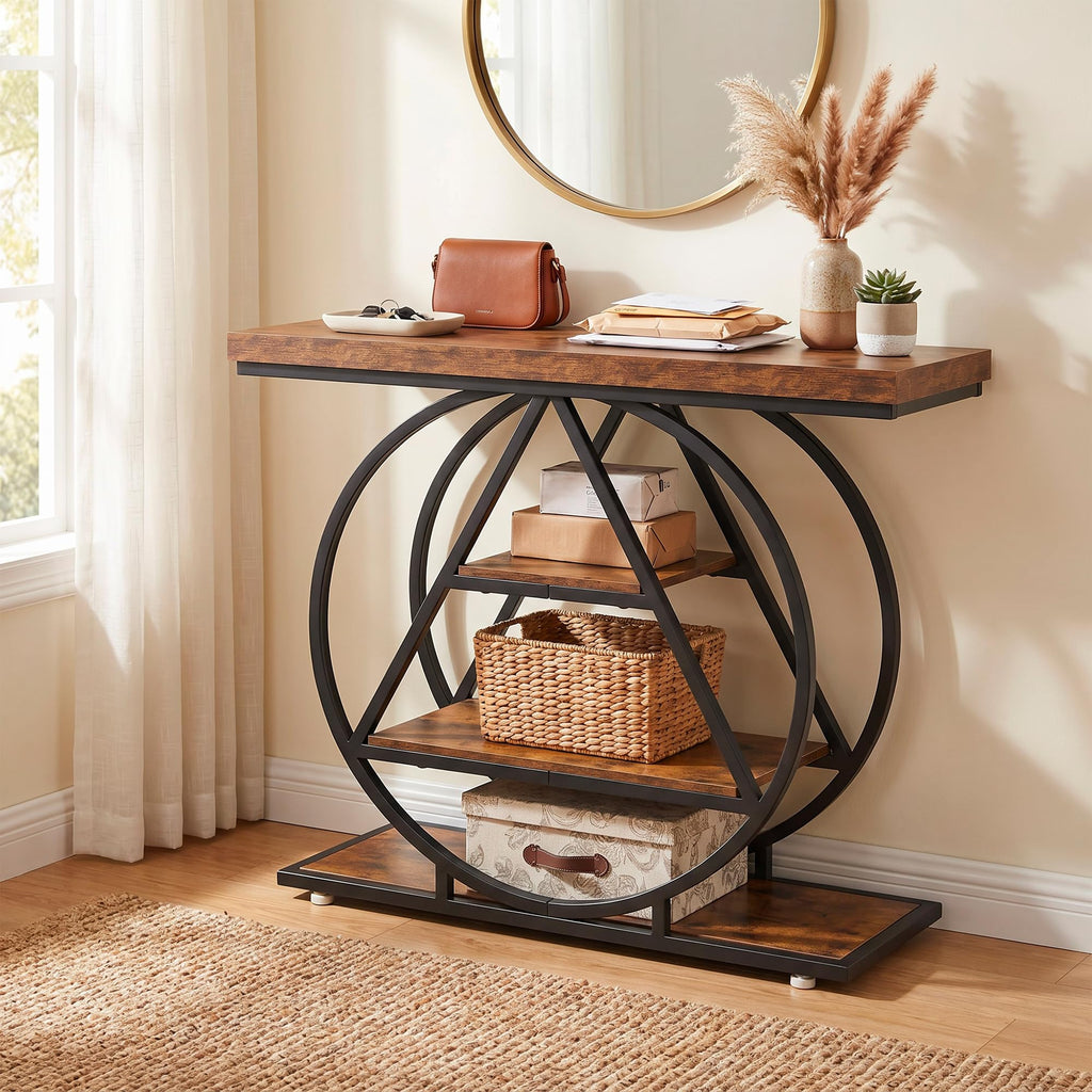 Garvee Console Sofa Table 53 in, Entryway Table with 3 Drawers, 3 Tier Metal Sofa Table, Open Shelf Behind Couch Table for Hallway, Living Room, Roman Column Design, Rustic Brown