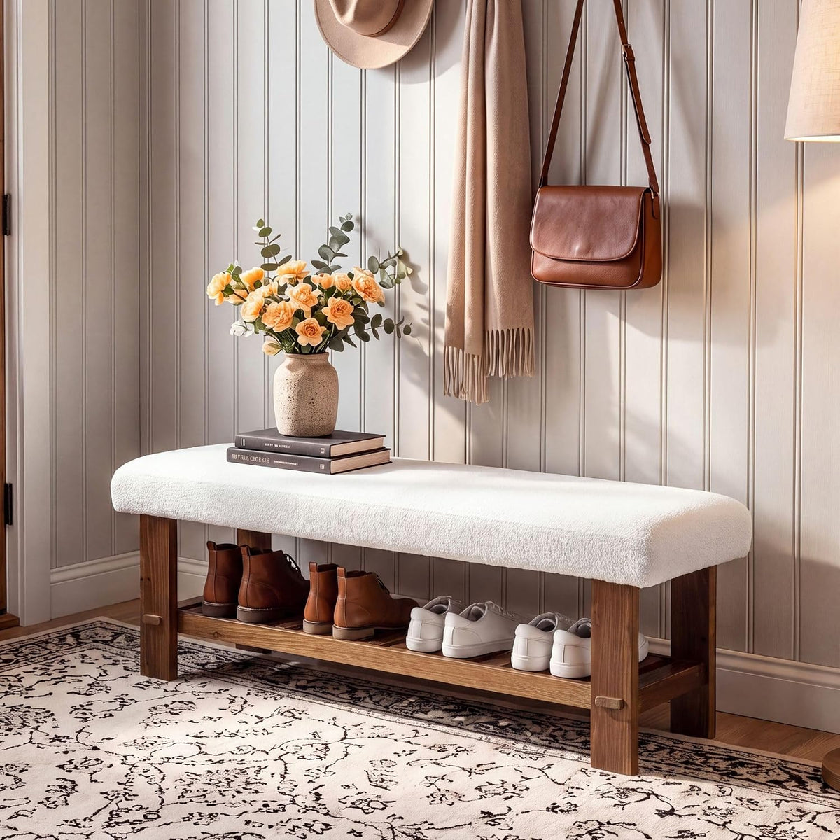 42.5" Solid Wood Storage Bench, 2-Tier Entryway Bench