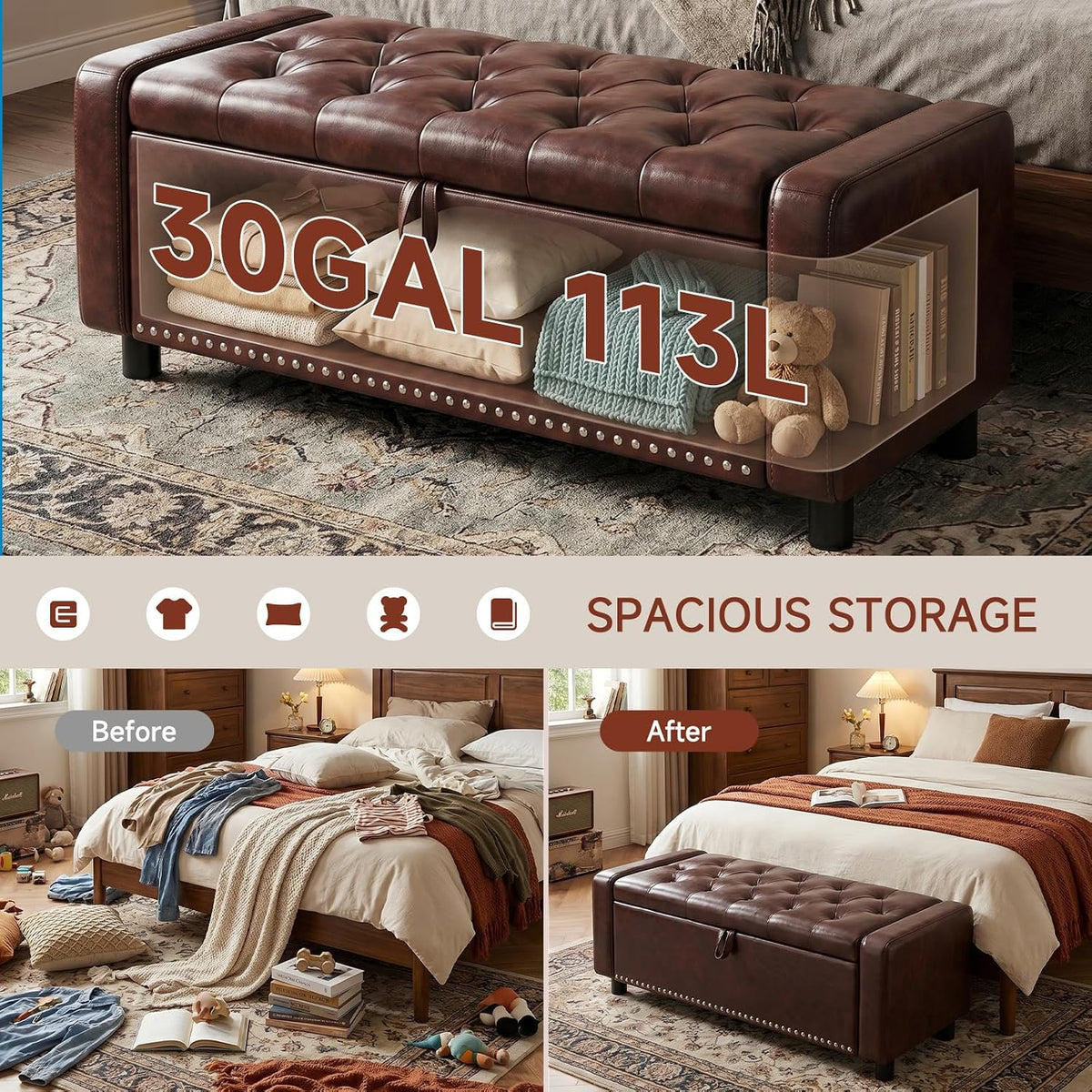 46" Storage Ottoman Bench, 30 Gallon Faux Leather Storage Bench with Handles & Soft-Close Hinged Lid for Blanket and Pillow, Load 350 lbs, End of Bed Bench for Bedroom, Entryway & Living Room, Brown
