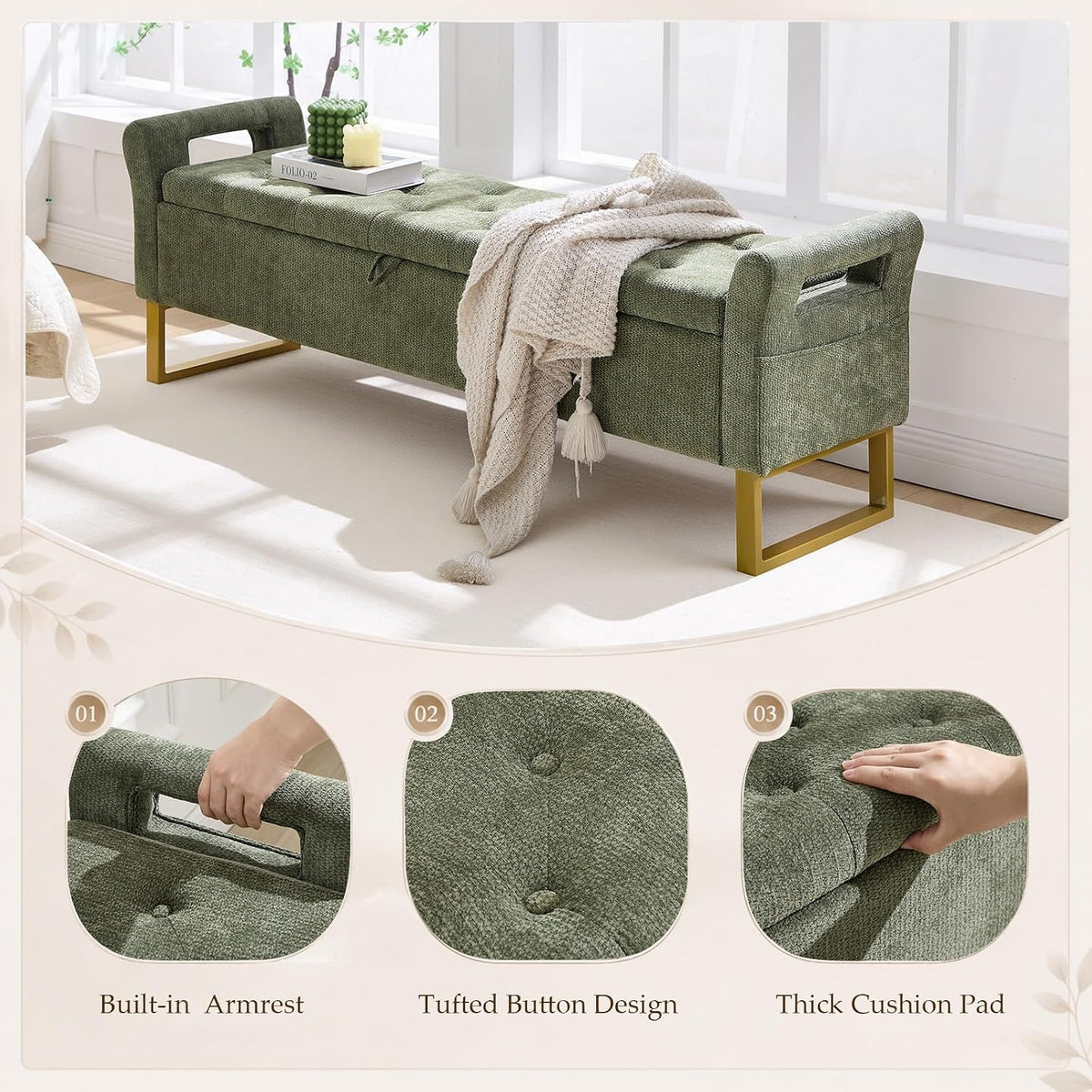 67" King Size End of Bed Storage Bench, Storage Benches for Bedroom, Green