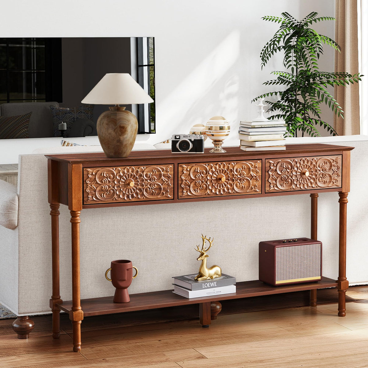 weselon 55.5" Carved Console Table with 3 Drawers, 2-Tier Sofa Table with Glossy Floral Surface and Solid Wood Legs, Mid-Century Modern Entryway Table for Living Room Hallway (Walnut)
