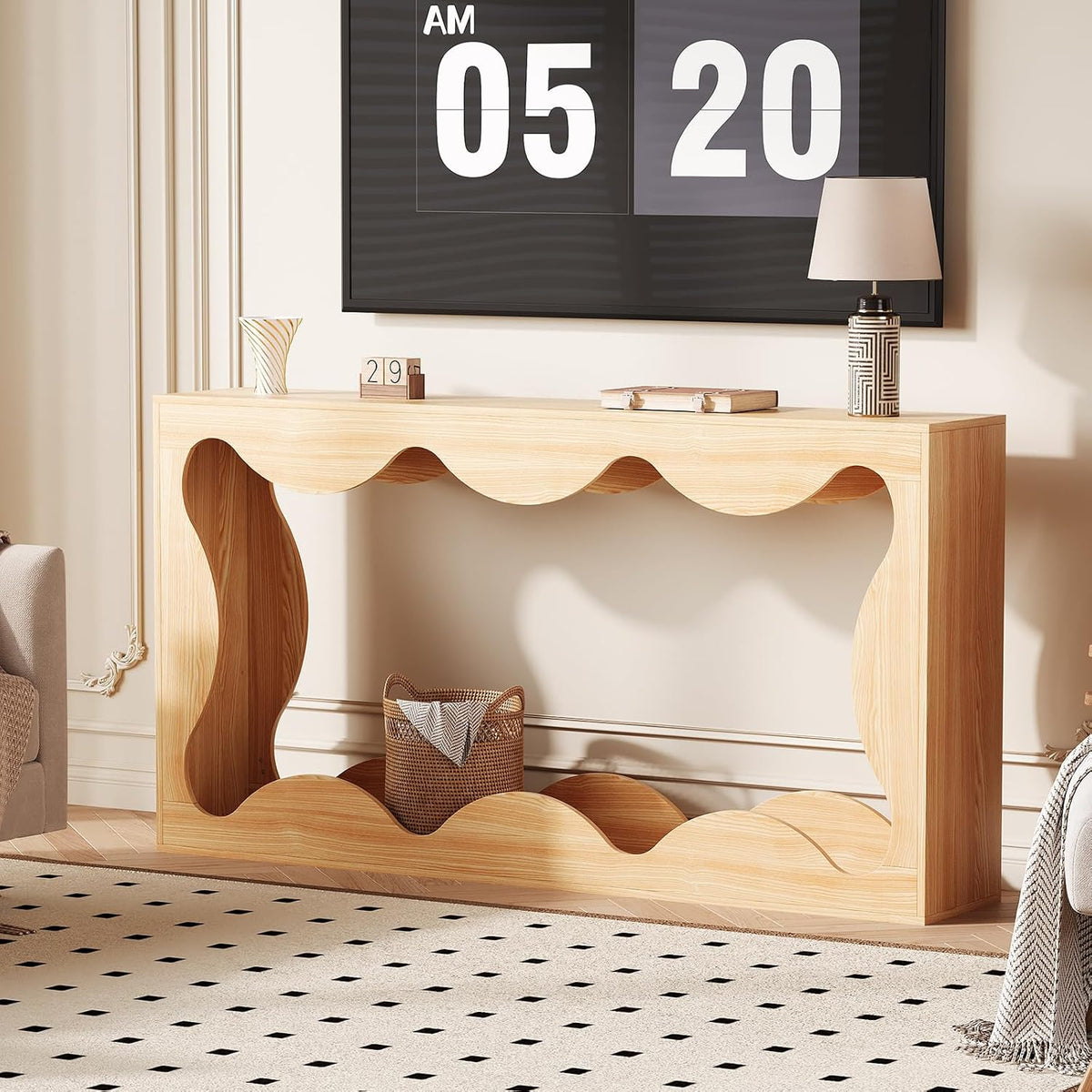 63" Farmhouse Entryway Table, Slim Wood Scalloped Sofa Table
