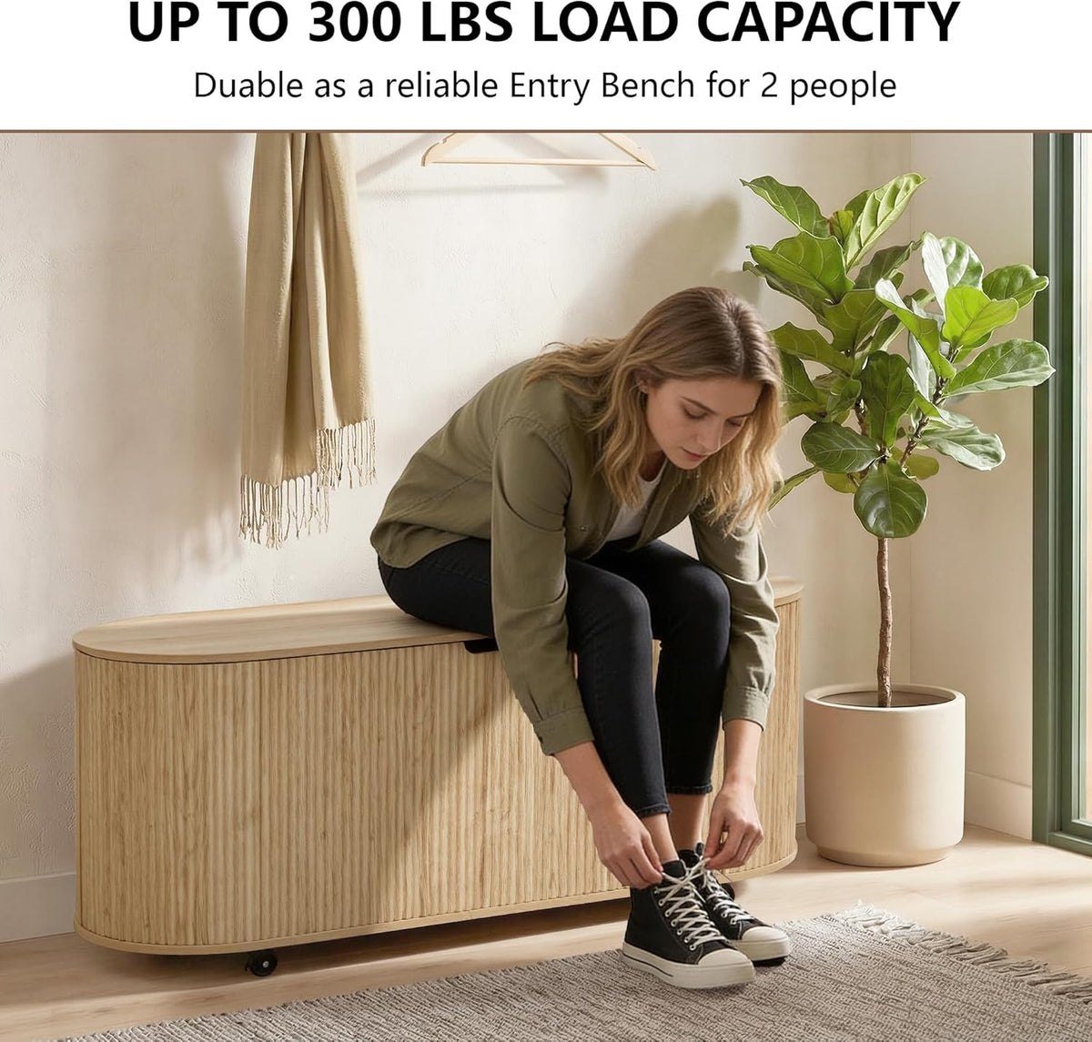 Fluted Storage Bench with 4 Wheels, 43.3” Oval Storage Chest with Safety Hinges, Modern Wooden End of Bed Bench, Large Storage Trunk Toy Chest with Lift Top for Entryway Bedroom Living Room, Natural