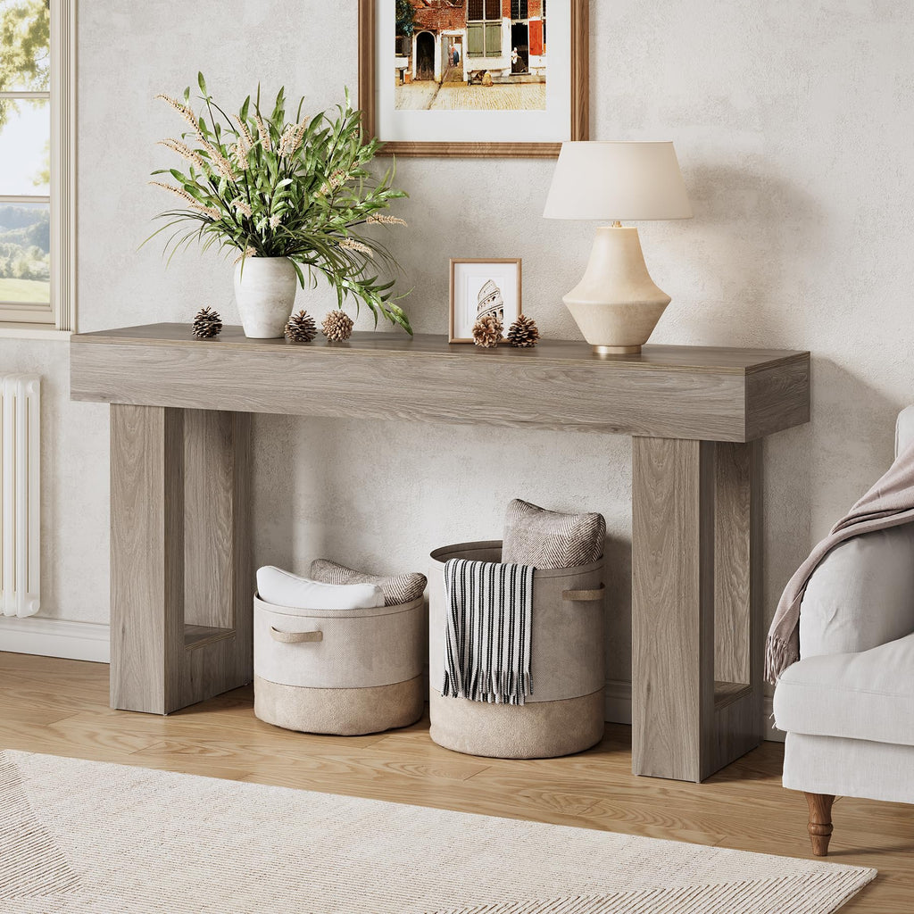 LITTLE TREE 63 Inches Long Console Table for Entryway, Sofa Table Behind Couch, Wooden Entry Table Foyer Hallway Tables, Farmhouse Console Sofa Tables for Living Room, Oak Color