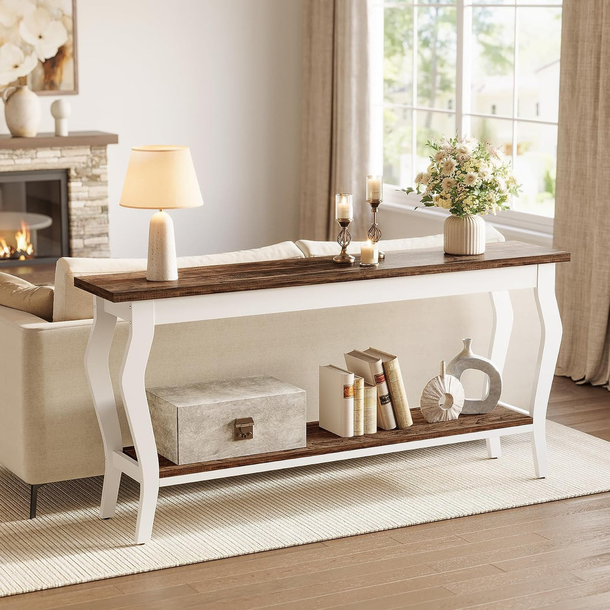 LITTLE TREE 70.9 Inches Long Console Table, 2-Tier Vintage Wooden Sofa Table Behind The Couch with Metal Legs for Hallway, Entryway, Living Room, Brown & White