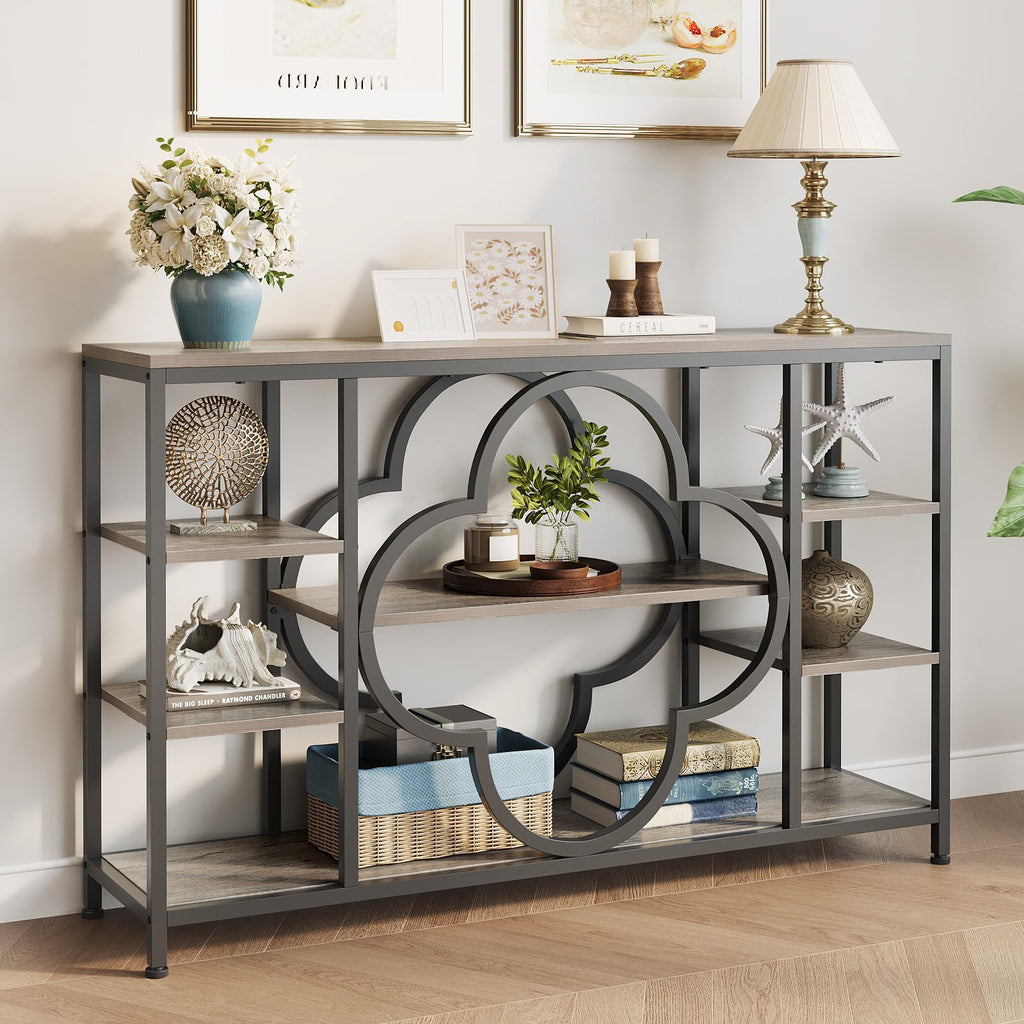 GiftGo 47" Farmhouse Console Tables for Entryway Retro Sofa Table Behind Couch Open Display Storage Shelves for Foyer, Hallway, Front Door,Living Room,Elegant Four-Leaf Clover (Rustic Brown, 47")