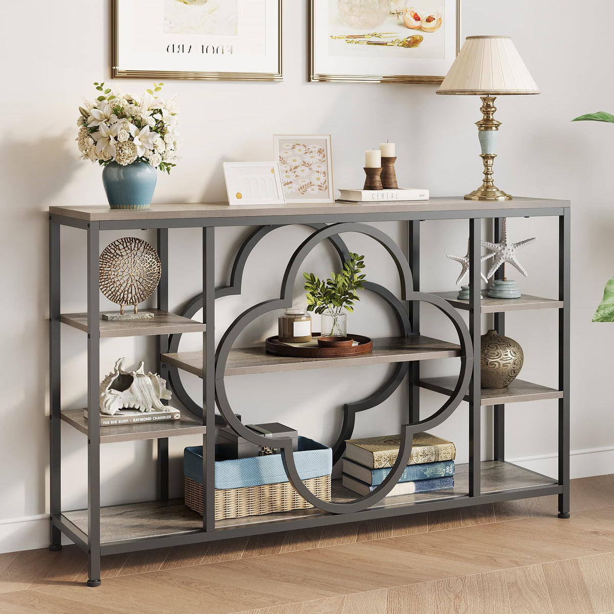 GiftGo 47" Farmhouse Console Tables for Entryway Retro Sofa Table Behind Couch Open Display Storage Shelves for Foyer, Hallway, Front Door,Living Room,Elegant Four-Leaf Clover (Rustic Brown, 47")