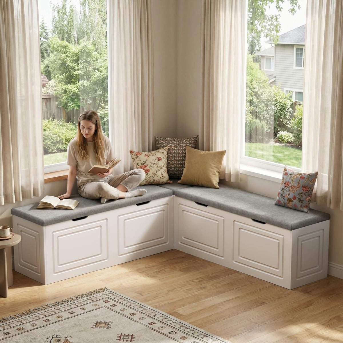 Merapi L-Shaped Storage Bench, Natural Wood Corner Bench with Storage