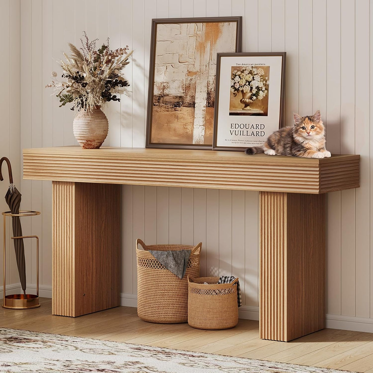 Bestier 63” Entryway Table, Wood Fluted Console Table Behind Couch, Brown