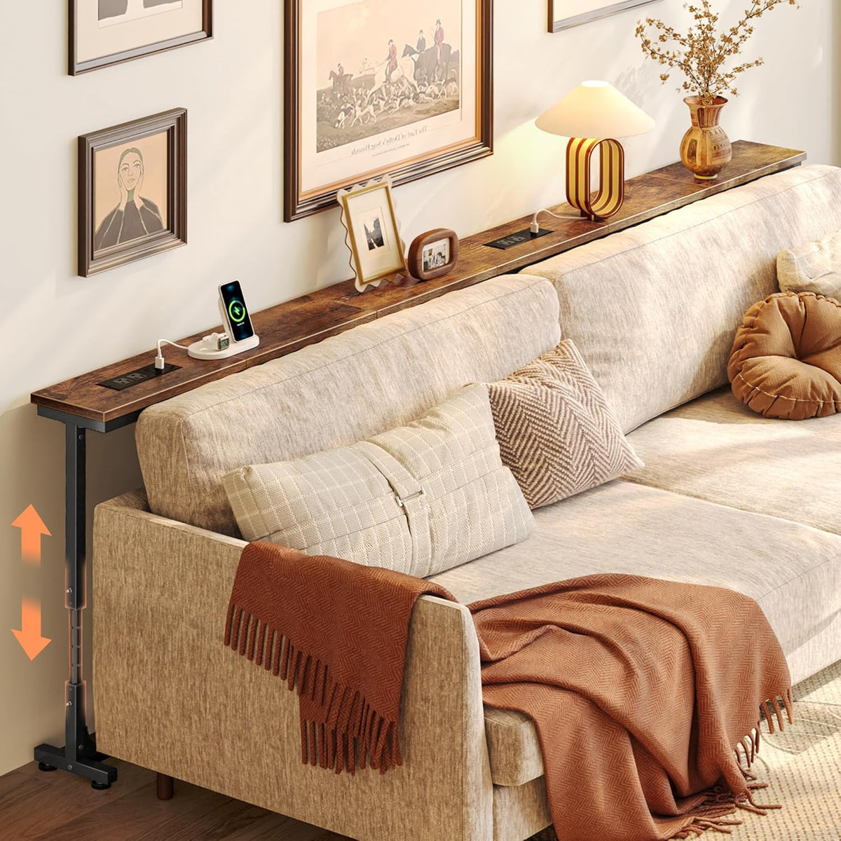 Huuger 78.7 Inch Height Adjustable Behind Couch Table with Power Outlets, 23.9’’-34.4’’ Range, Sofa Tables Narrow Long with USB-C Ports, Skinny Console Table, for Small Spaces, Rustic Brown