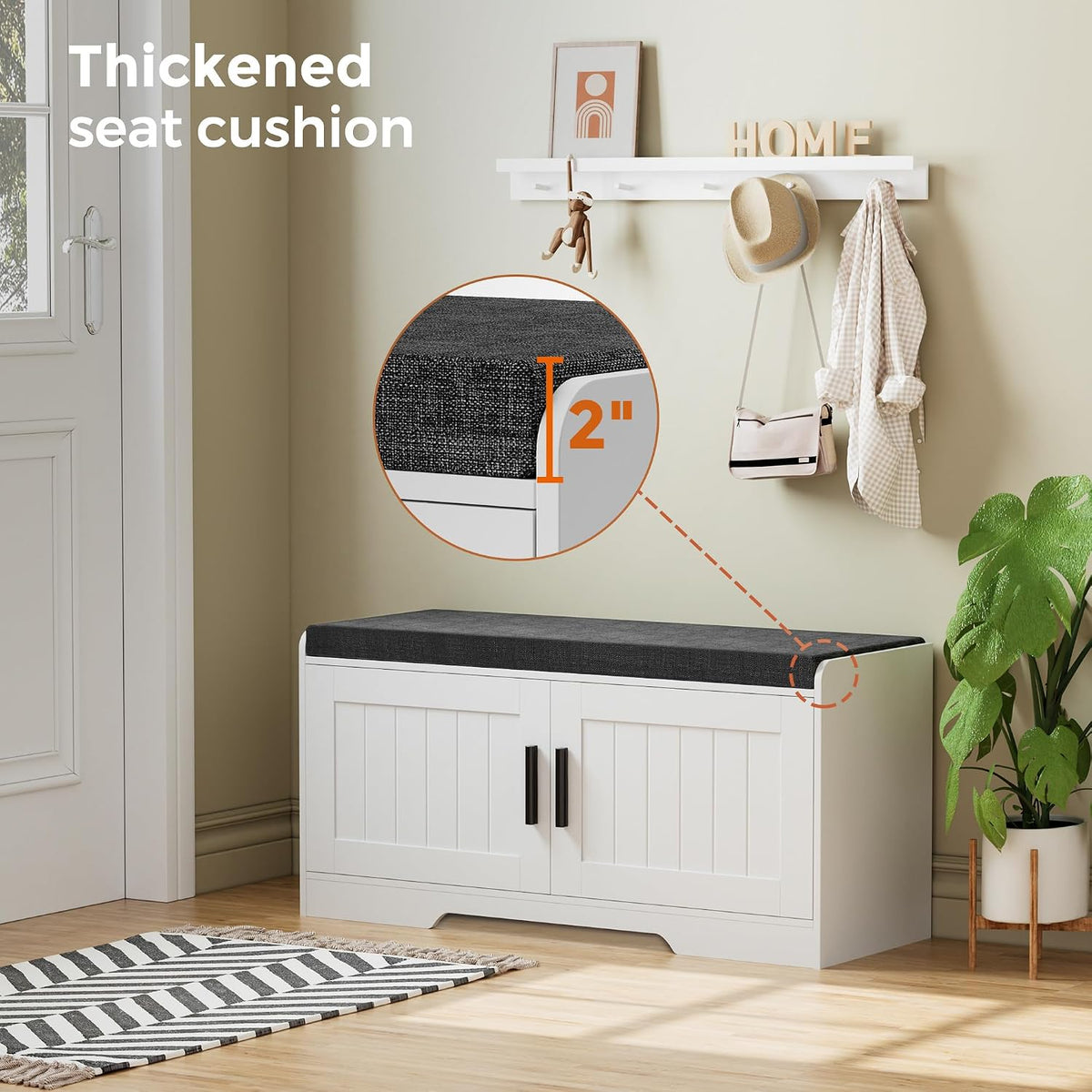 Homleke Shoe Storage Bench, 2 Doors & Thickened Padded Seat Cushion