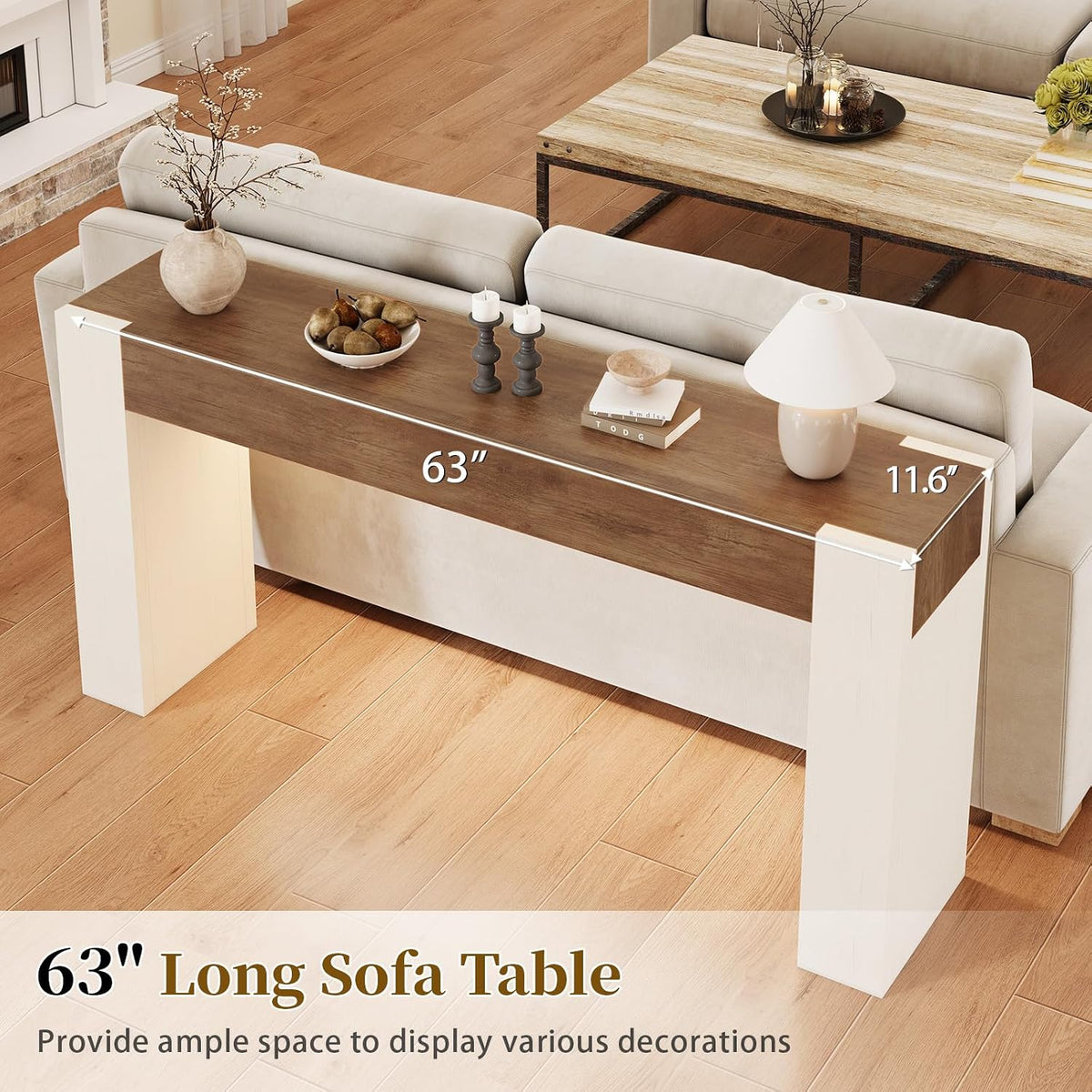63-Inch Farmhouse Console Sofa Table with Power Outlets & LED Lights