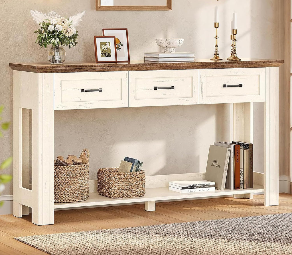 55" Farmhouse Console Table with 3 Drawers, Rustic Entryway Table