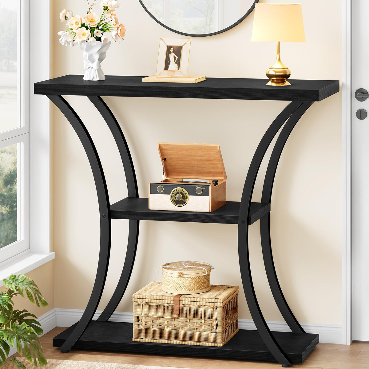 Hoctieon 3 Tier Console Table with Open Wood Shelves, Decorative Entryway Table with Curved Metal Frames, Narrow Sofa Table for Entrance, Living Room, Hallway, Rustic Brown+Black