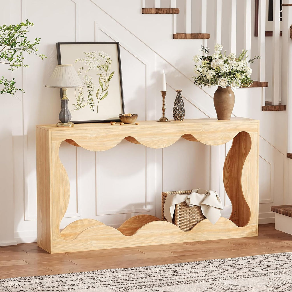63" Farmhouse Entryway Table, Slim Wood Scalloped Sofa Table