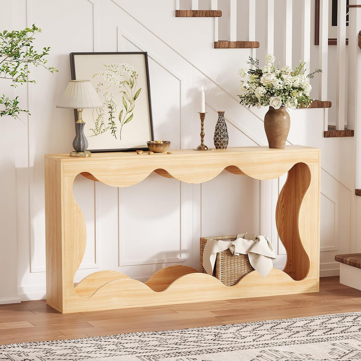 63" Farmhouse Entryway Table, Slim Wood Scalloped Sofa Table