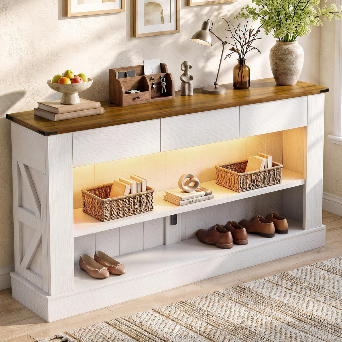 Miereirl 63" Console Table with Drawers & LED Light, Brown & Dark Grey