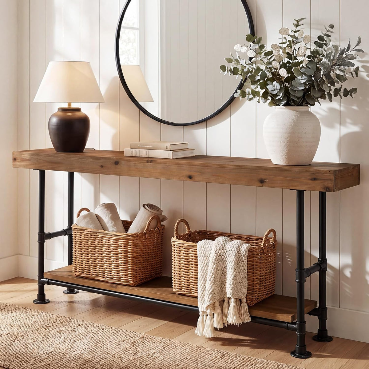 Solid Wood Entryway Table with Storage Shelf, 63 Inch