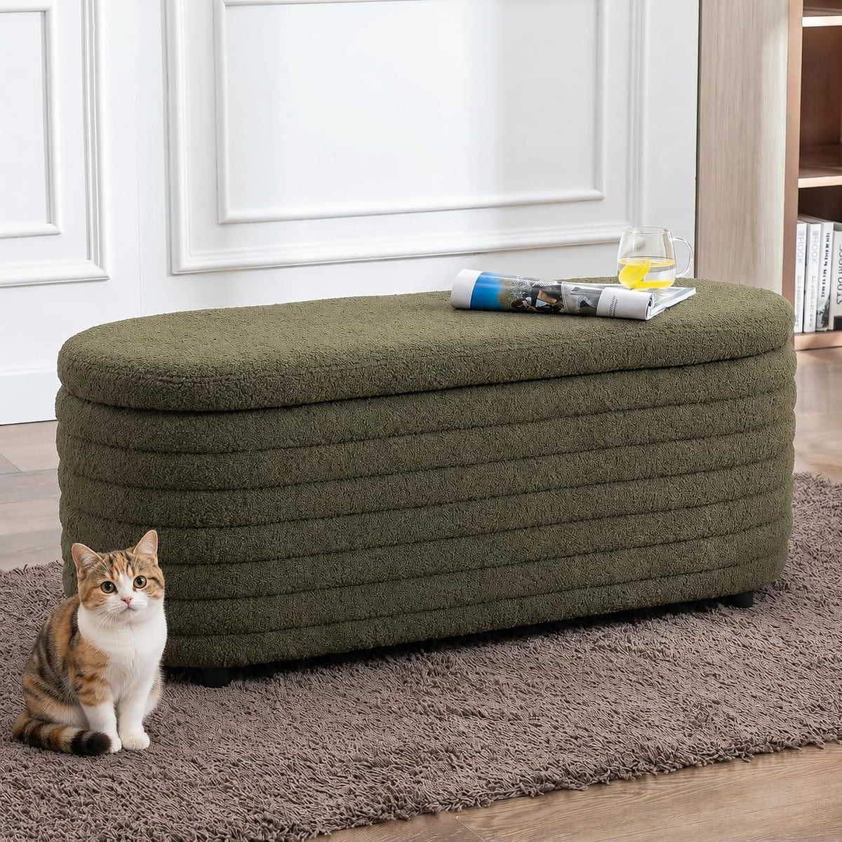 45.5" Storage Teddy Ottoman Bench Upholstered Fabric Bench Hidden Storage Chest with Slow-Close Safety Hinge for Bedroom, Living Room, Entryway, White