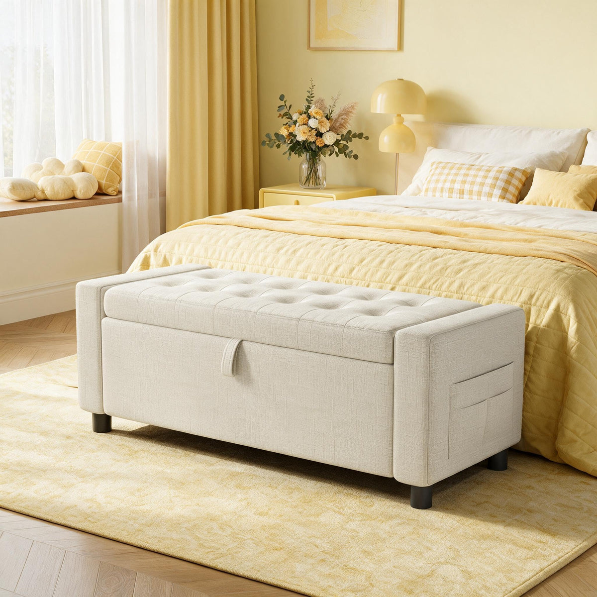 Amada 46" Storage Ottoman Bench w/Side Pocket & Safety Hinge, White