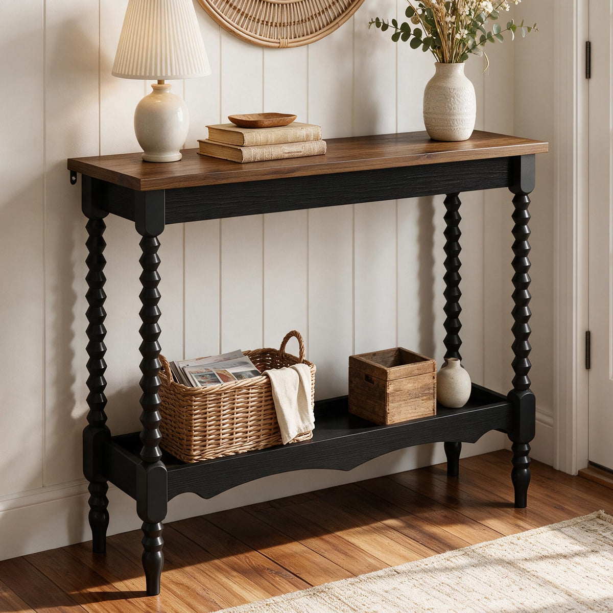 YOSHOOT 2-Tier Console Table, Entryway Table with 2 Shelves, Sofa Table for Living Room, Hallway,Black Brown