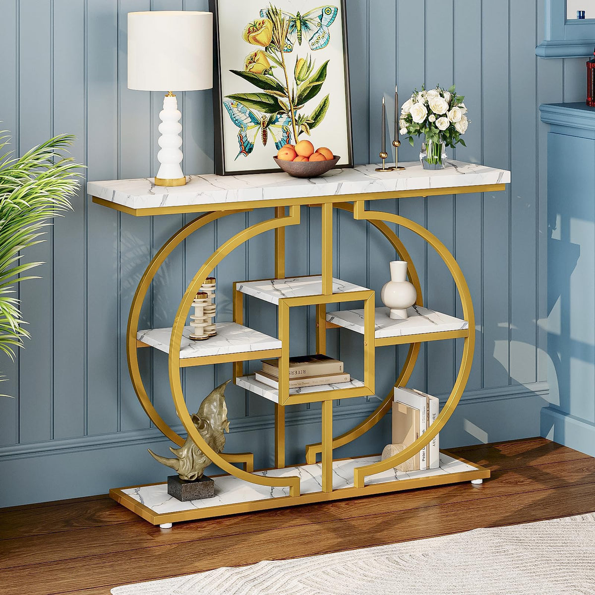 GiftGo Narrow Console Table for Entryway Industrial 4-Tier Sofa Table Behind Couch with Circle Base Rustic Wooden Accent Tables with Storage Shelves for Living Room, Hallway, Foyer (Grey)