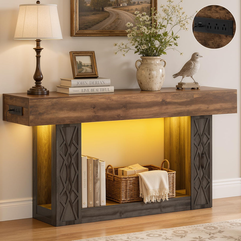 Unikito 47" Console Sofa Table with Power Outlet & LED Light, Grey & Brown