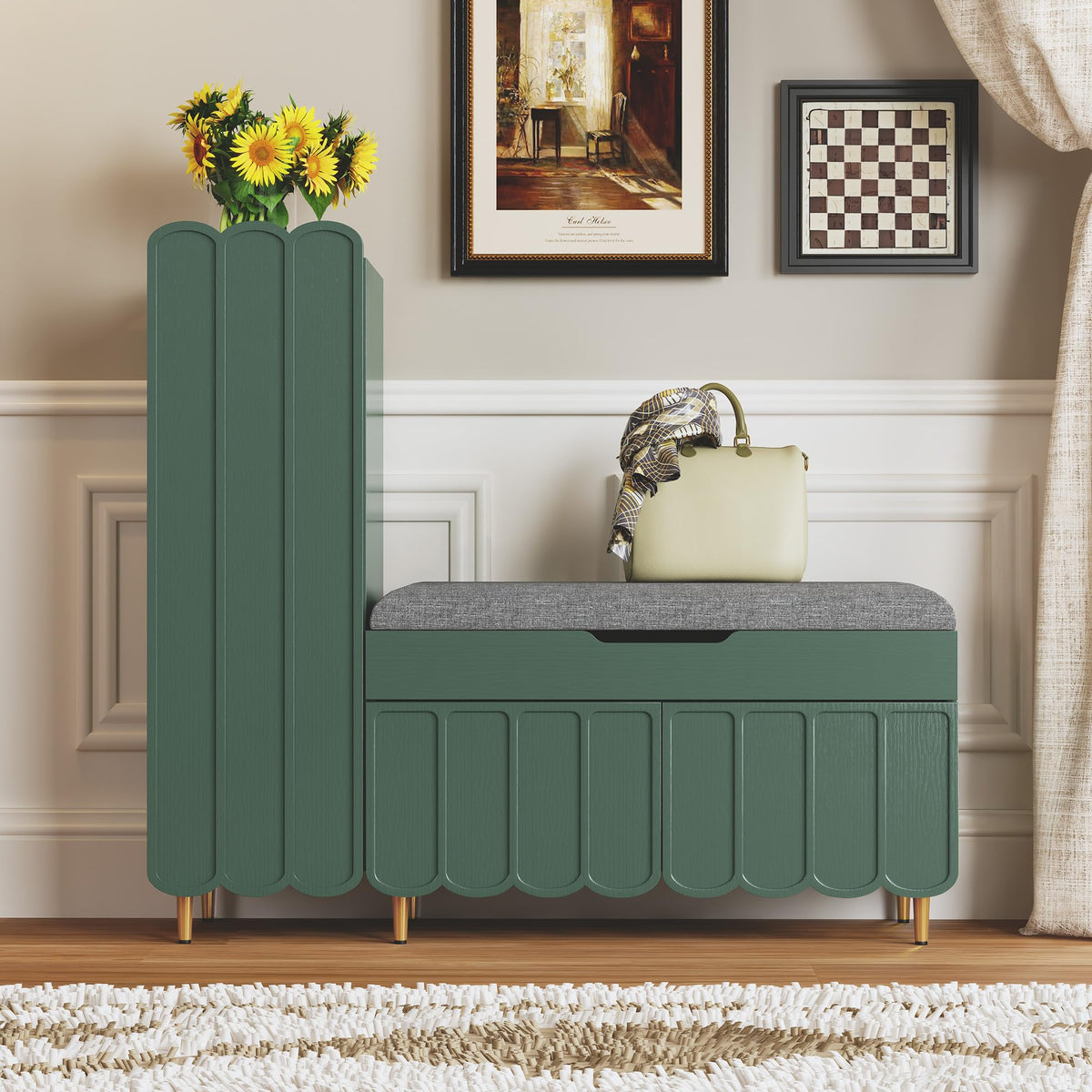 3More L-Shaped Entryway Shoe Bench with Cushioned Seat, Brown